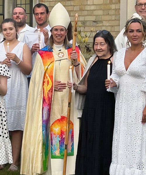 Photograph of the Bishop of Hertford with people who have been confirmed