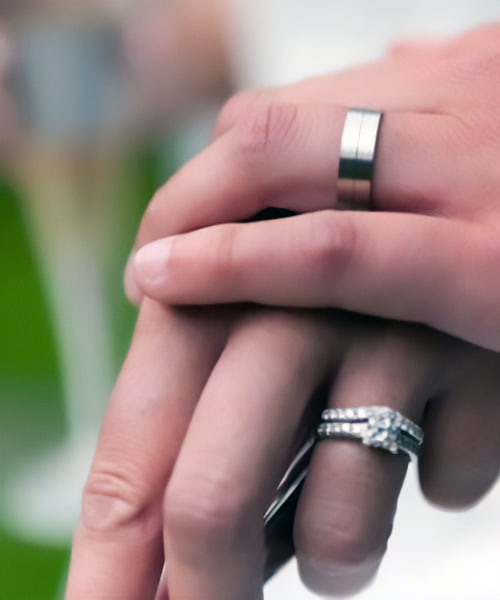 Close up photograph of two hands with wedding rings